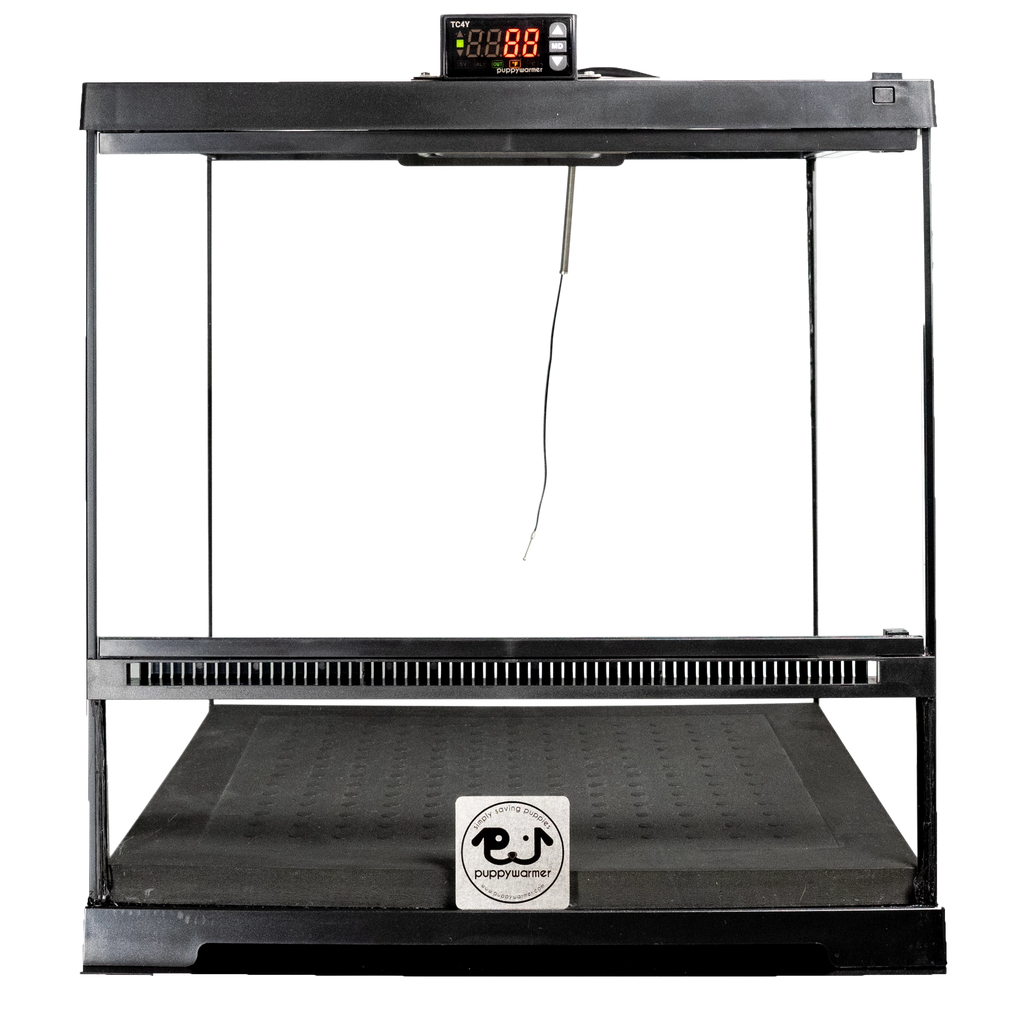 Puppywarmer® Puppy Incubator,"Black incubator with clear front panels and top digital display"