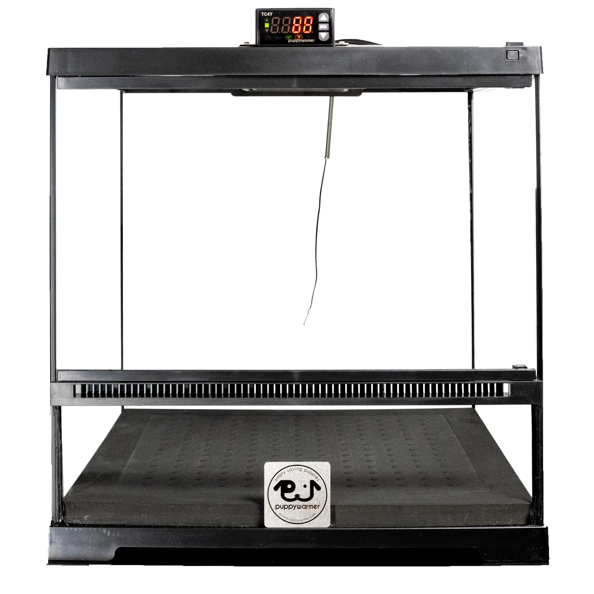 Puppywarmer® Puppy Incubator,"Black incubator with clear front panels and top digital display"
