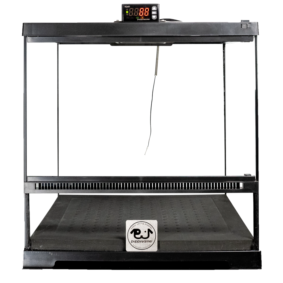 Puppywarmer® Puppy Incubator,"Black incubator with clear front panels and top digital display"