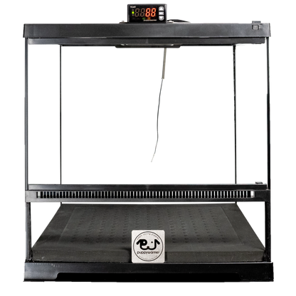 Puppywarmer® Puppy Incubator,"Black incubator with clear front panels and top digital display"