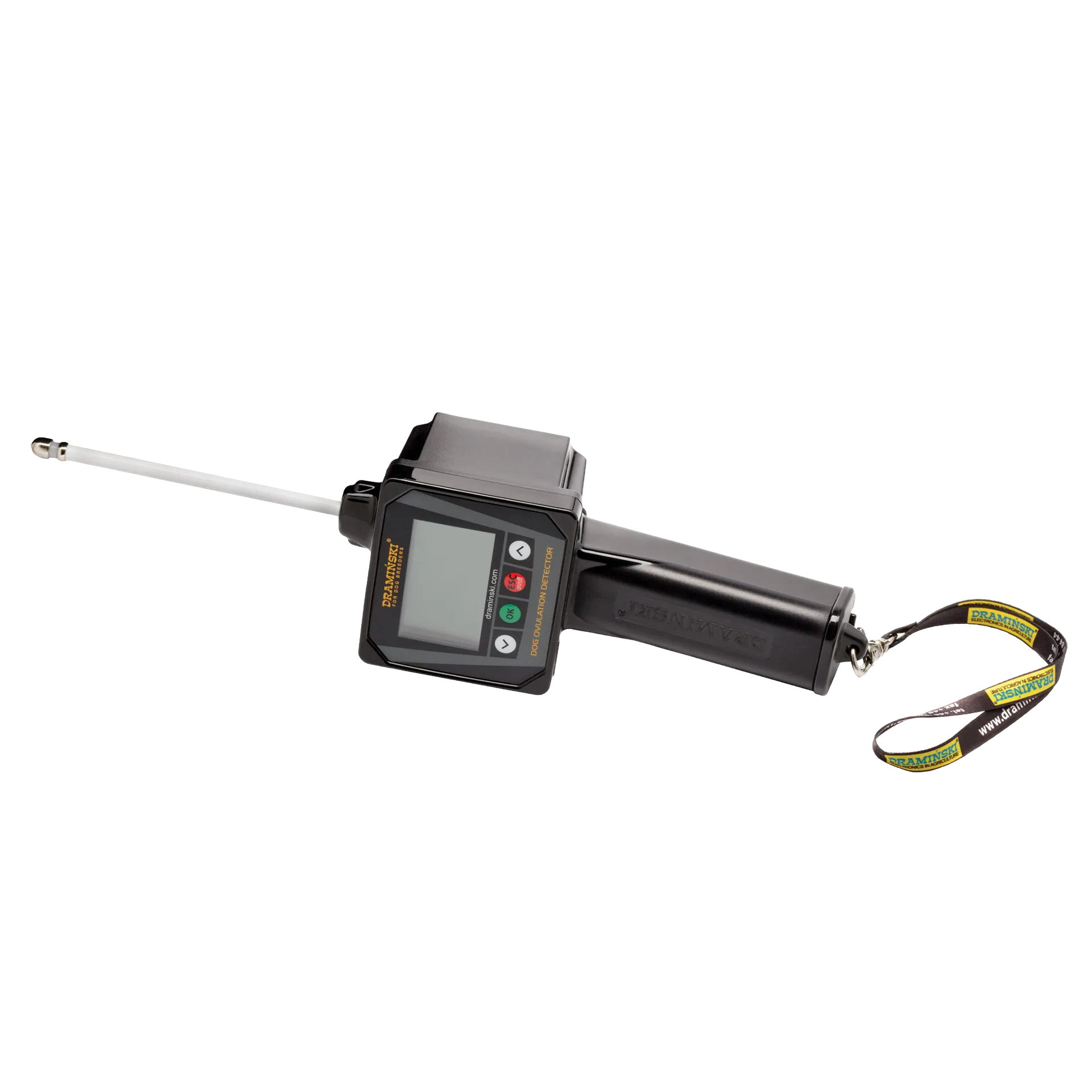 Draminski Dog Ovulation Detector,"Black handheld detector with probe and wrist strap"