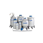 LD Series Tanks- Nitrogen Storage Only,"Group of white tanks with blue caps and wheeled bases"