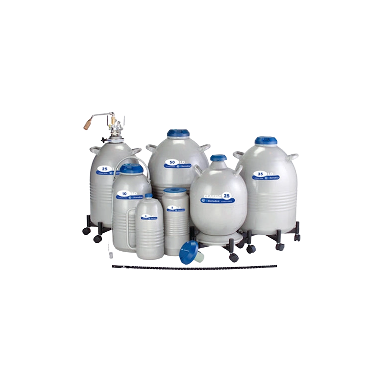 LD Series Tanks- Nitrogen Storage Only,"Group of white tanks with blue caps and wheeled bases"