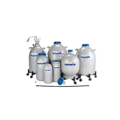 LD Series Tanks- Nitrogen Storage Only,"Group of white tanks with blue caps and wheeled bases"