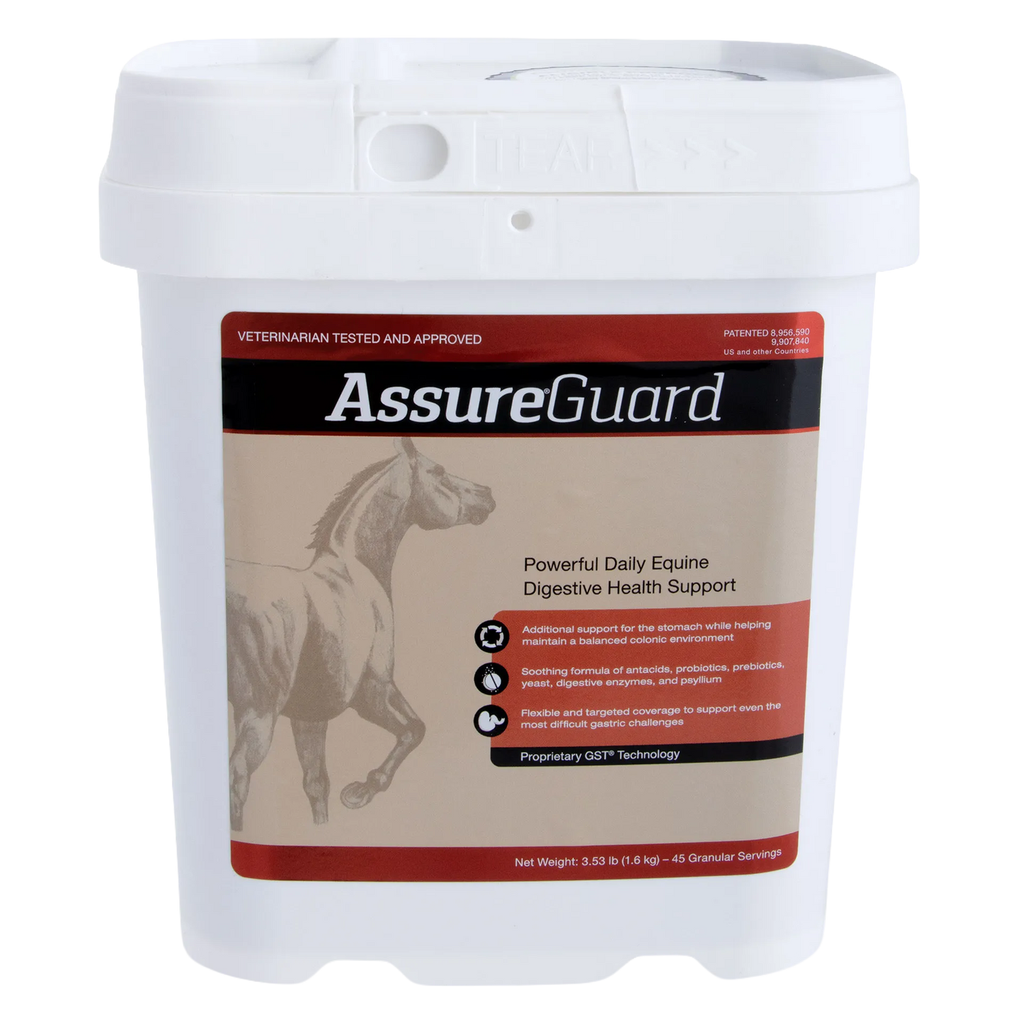 Assure® Guard,"White plastic tub with tamper-evident lid and horse label"