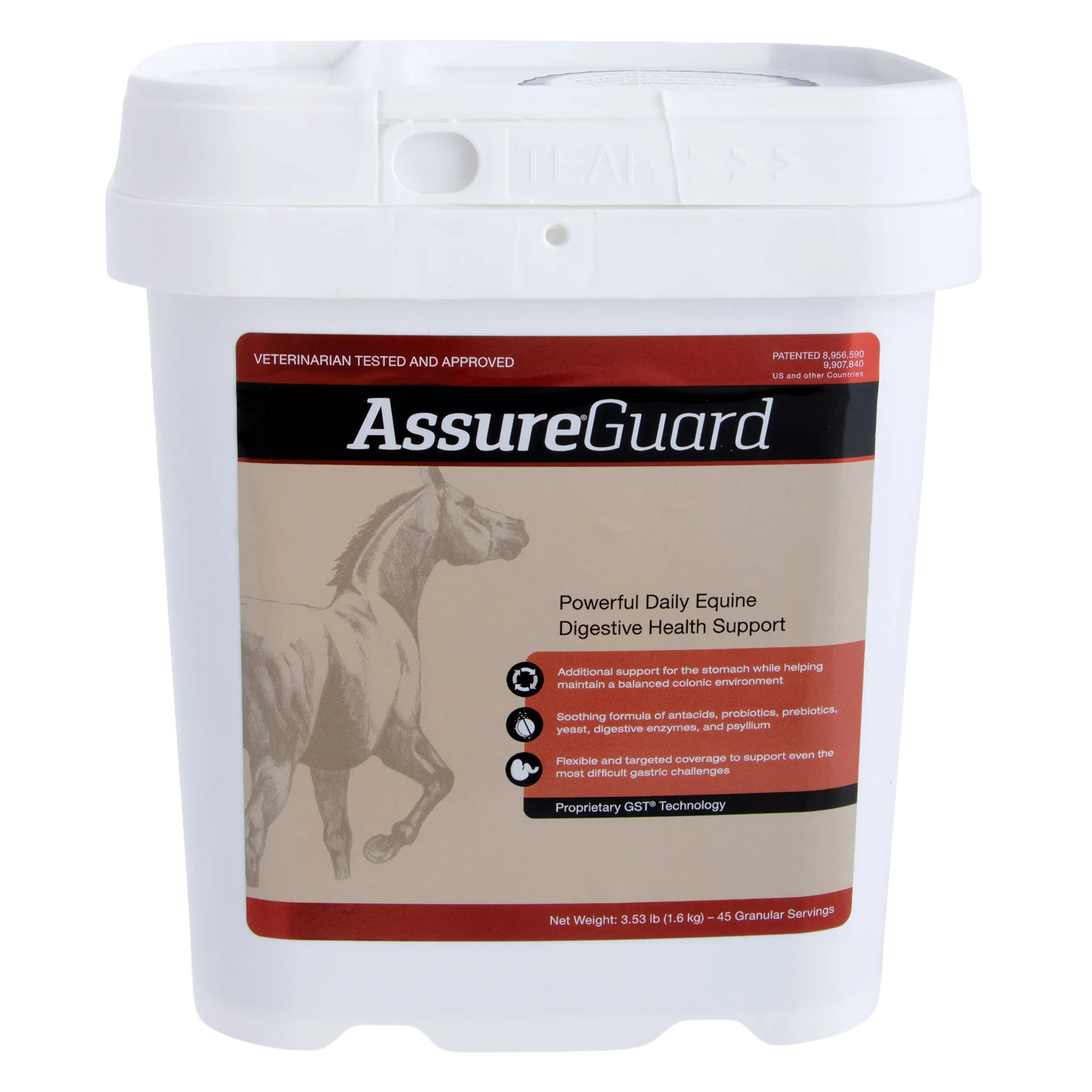Assure® Guard,"White plastic tub with tamper-evident lid and horse label"