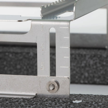 Floating Straw Rack,"Metal rack side detail with height adjustment slots"