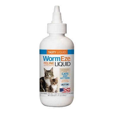 WormEze™ Liquid for Dogs & Cats,"White liquid bottle with pointed cap and cat label"