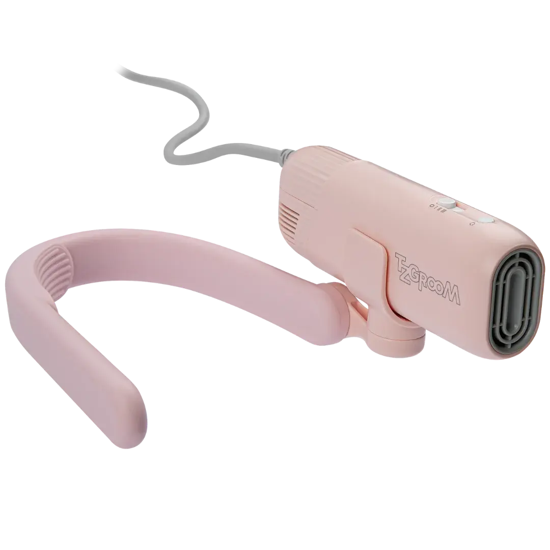 Mini Portable Neck Dryer by TZGroom,"Pink neck-mounted dryer with attached power cord"