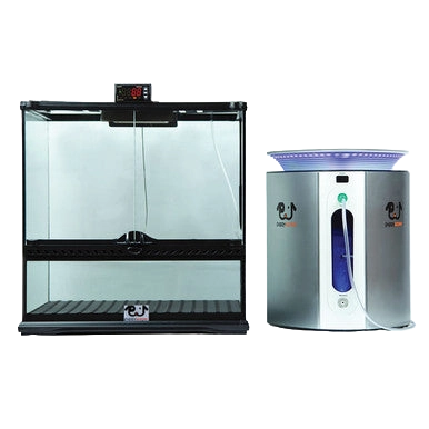Puppywarmer® Oxygen Concentrator,"Glass pet incubator with adjacent oxygen concentrator unit"