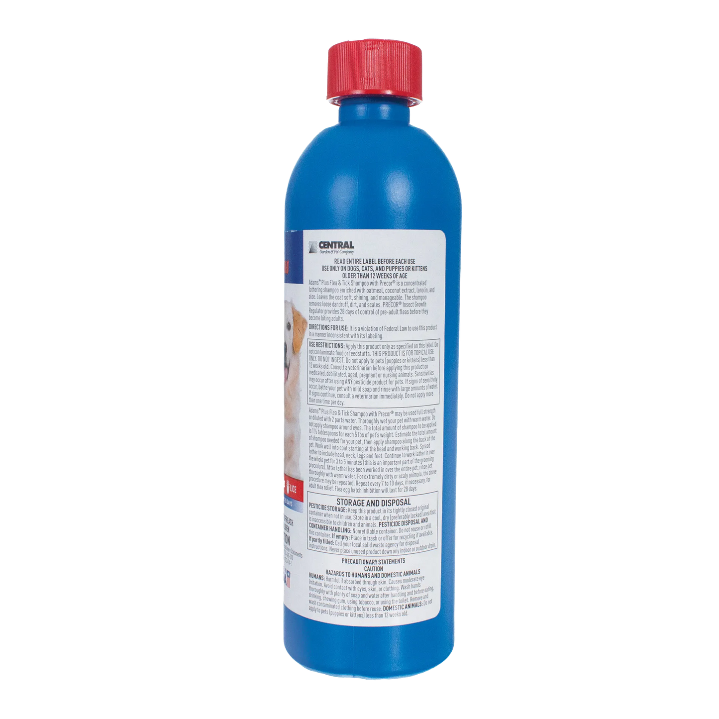 Adams™ Plus Flea and Tick Shampoo with Precor®,"Blue bottle with red cap and back label"