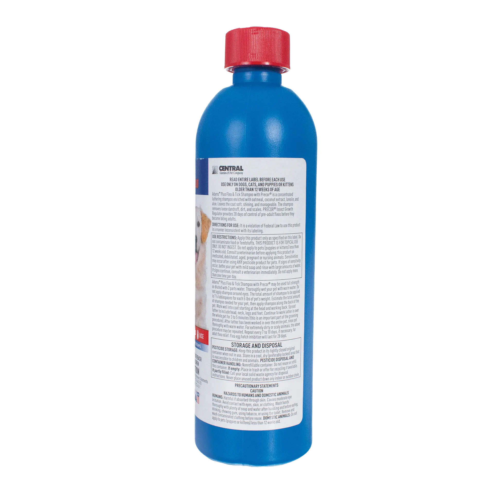 Adams™ Plus Flea and Tick Shampoo with Precor®,"Blue bottle with red cap and back label"