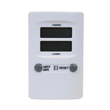 Hygro-Thermometer,"White digital thermo hygrometer with dual display and reset buttons"