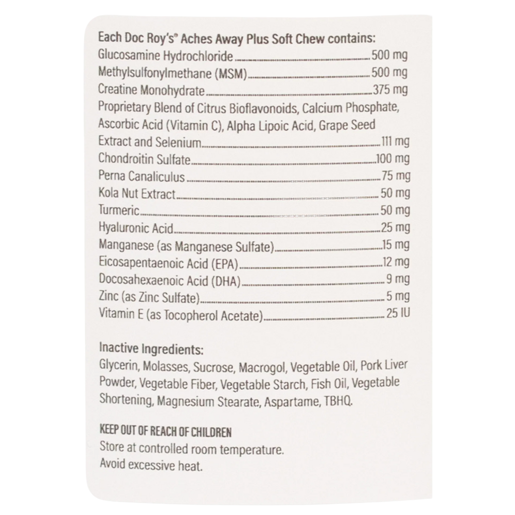 Doc Roy's® Aches Away Plus™,"Back label of bottle with supplement facts panel"