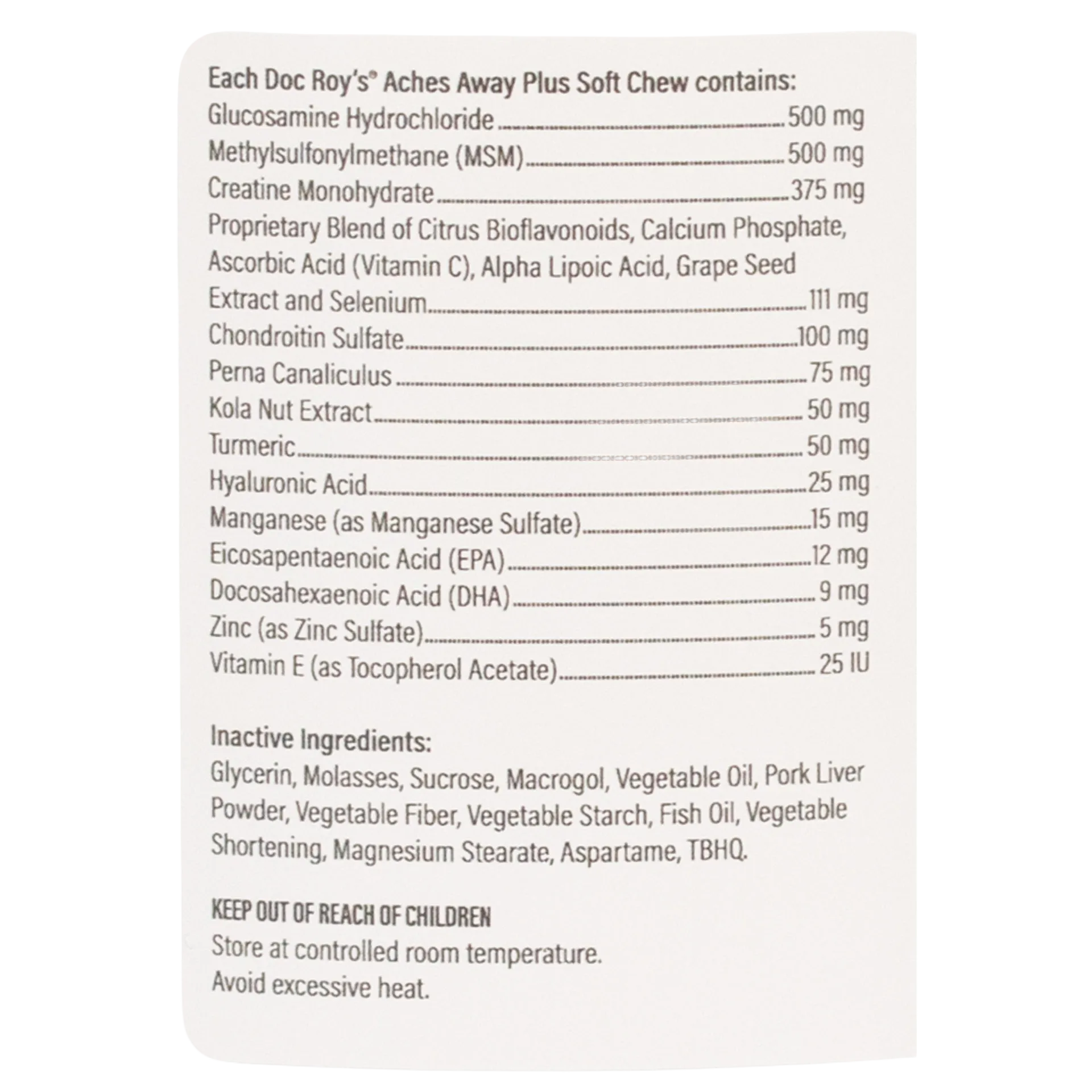 Doc Roy's® Aches Away Plus™,"Back label of bottle with supplement facts panel"