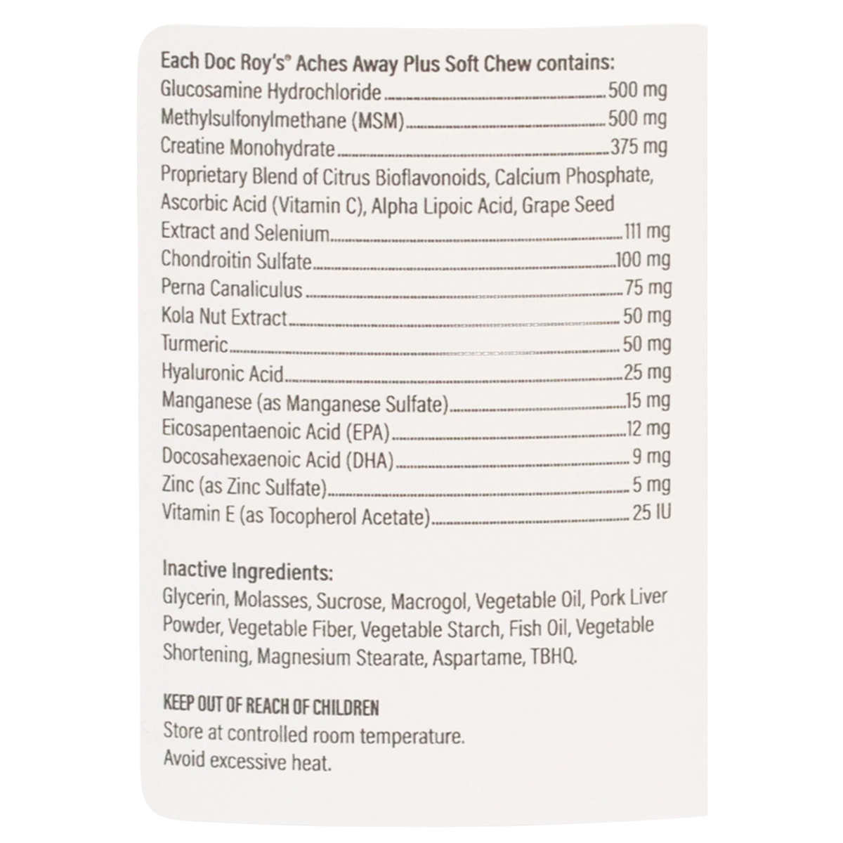 Doc Roy's® Aches Away Plus™,"Back label of bottle with supplement facts panel"