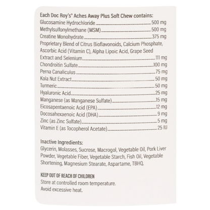Doc Roy's® Aches Away Plus™,"Back label of bottle with supplement facts panel"