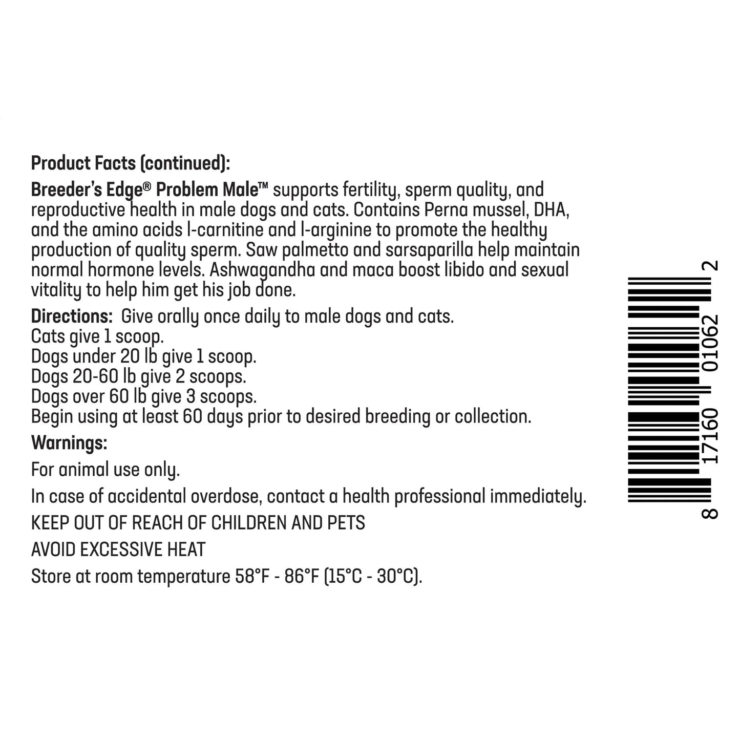 Breeder's Edge® Problem Male™,"Back label view of product bottle with barcode"