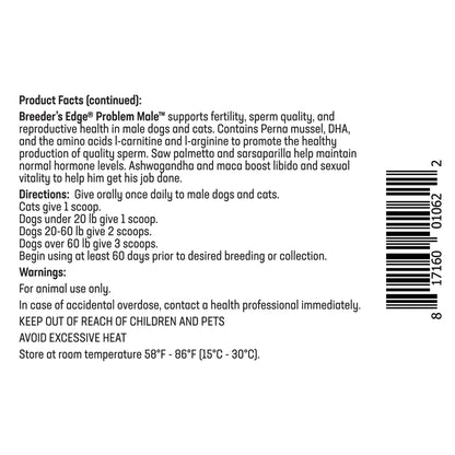 Breeder's Edge® Problem Male™,"Back label view of product bottle with barcode"