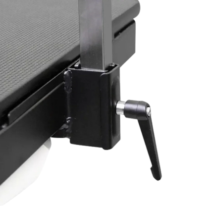 "50"" Dog Grooming 908 Electric Table without Drawer by Waggz","Close-up of table corner clamp with upright grooming arm"