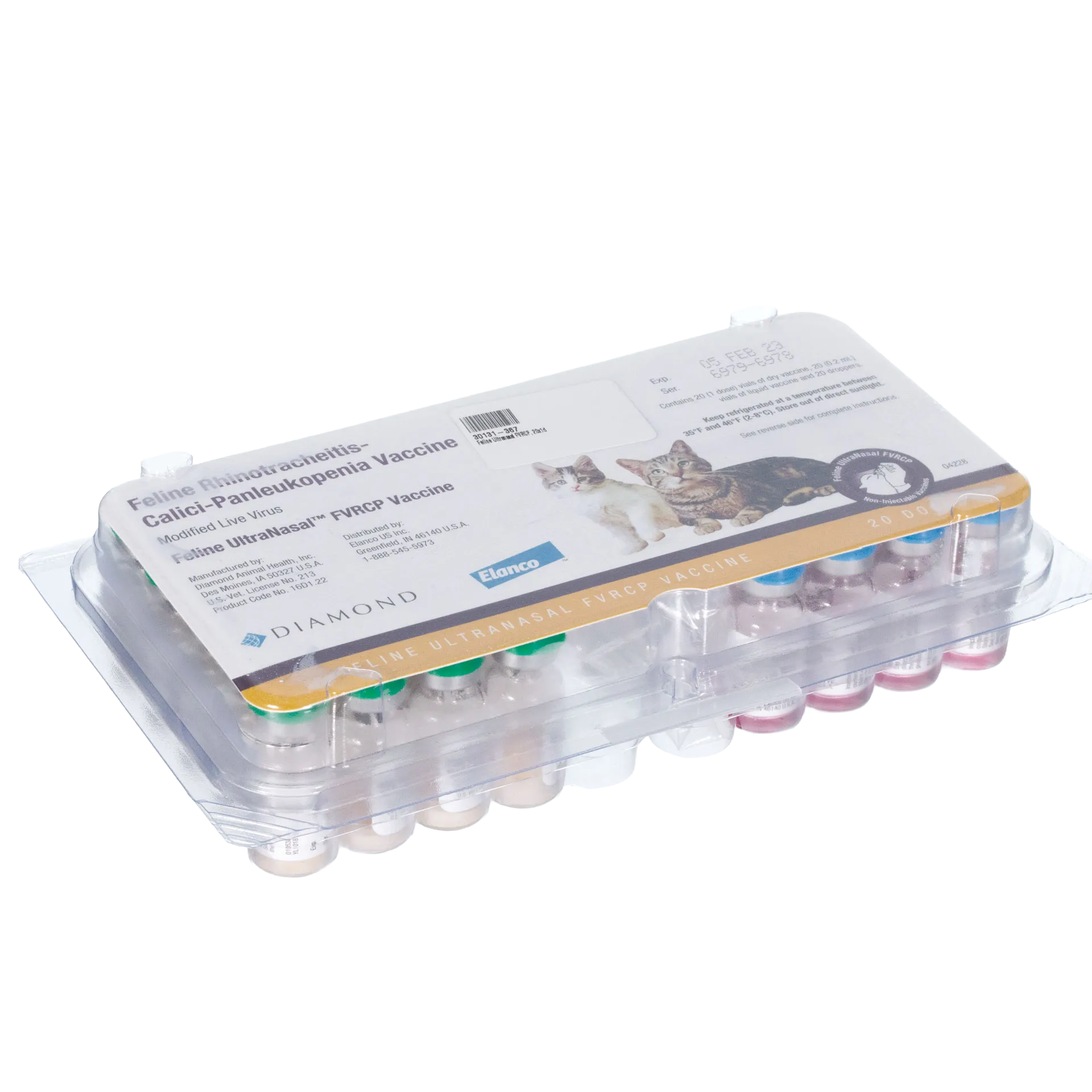 Feline UltraNasal® FVRCP Vaccine,"Clear plastic tray with multiple vaccine vials and box insert"