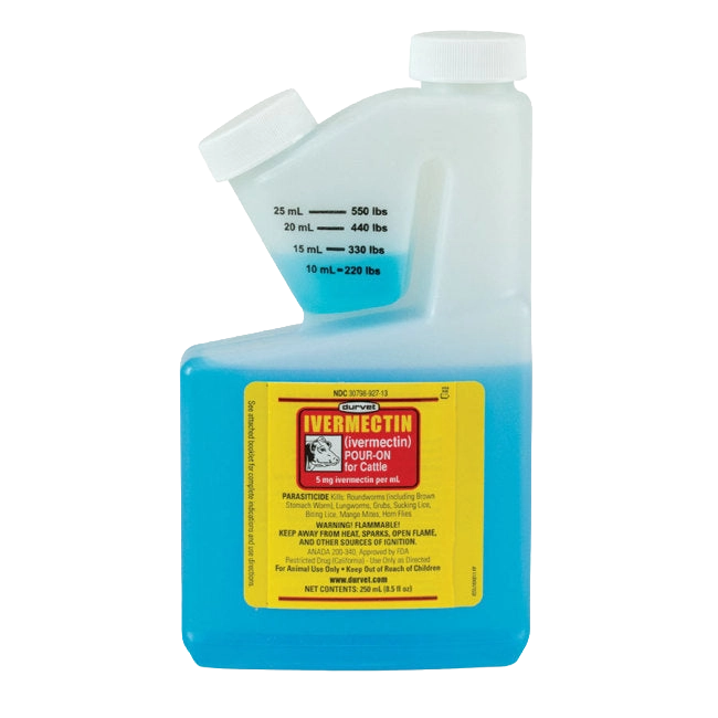 Ivermectin Pour-On Generic,"Blue pour-on bottle with angled measuring chamber and white cap"