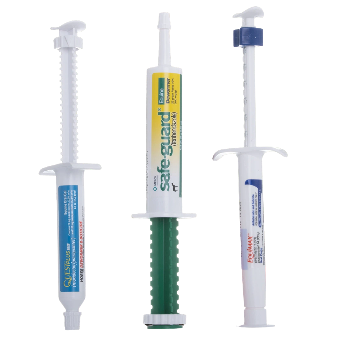 Annual Equine Dewormer Bundle,"Three equine dewormer paste syringes with varied label colors"