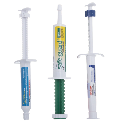 Annual Equine Dewormer Bundle,"Three equine dewormer paste syringes with varied label colors"