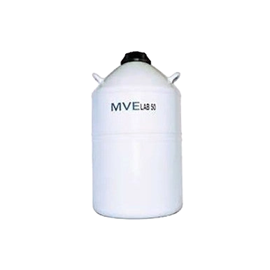 MVE Lab 50,"White cylindrical storage tank with black cap and side handles"