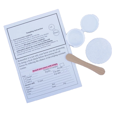 Equine Fecal Egg Count Test,"Sampling card with two clear vials, round pad, and wooden stick"
