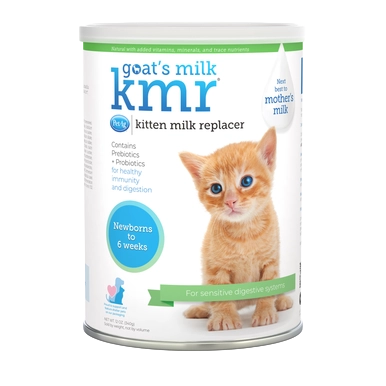 Goat's Milk KMR Kitten Milk Replacer Powder,"Can of kitten milk replacer powder with orange kitten image"