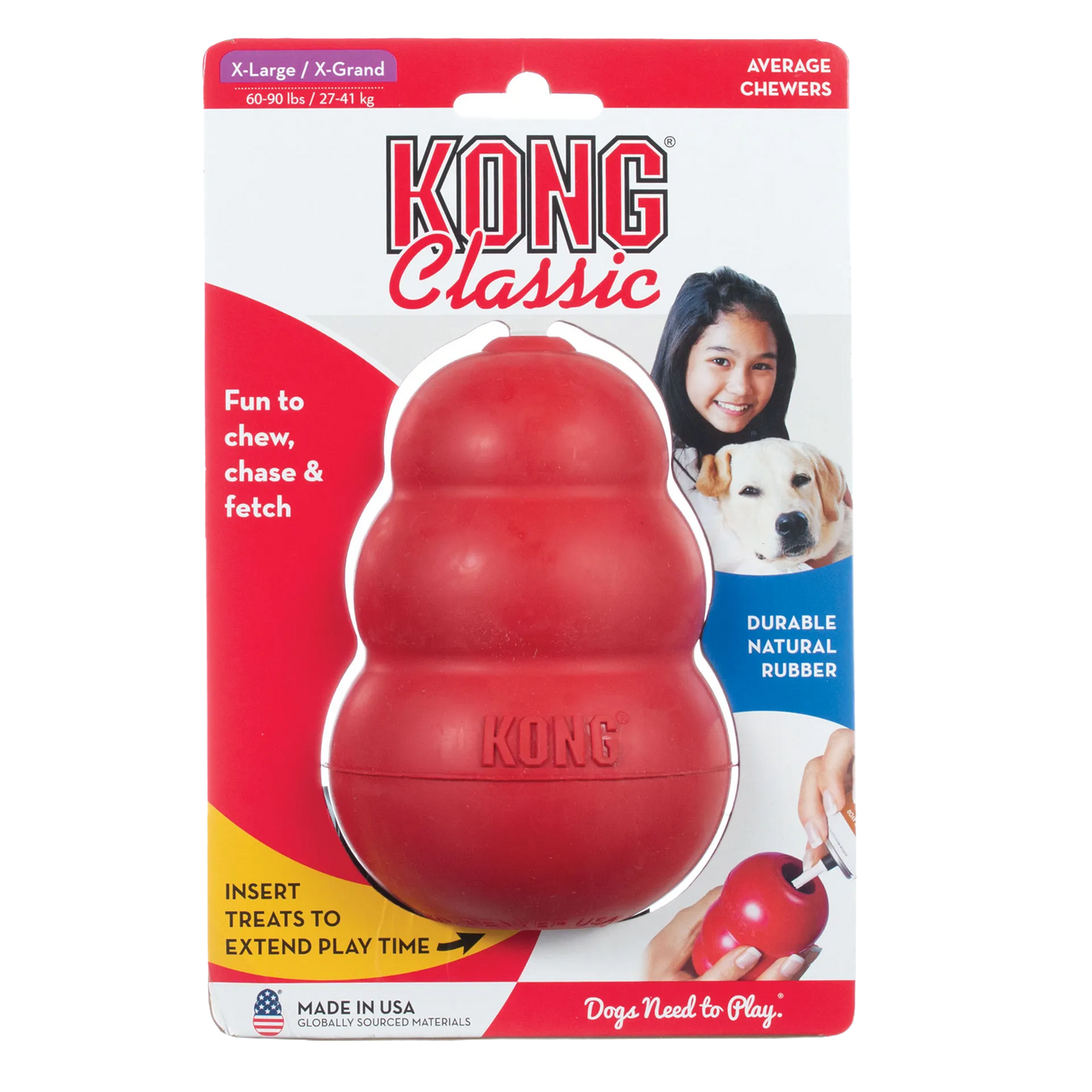 Kong® Classic,"Red rubber dog toy in retail packaging, front view"