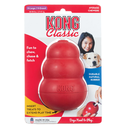 Kong® Classic,"Red rubber dog toy in retail packaging, front view"
