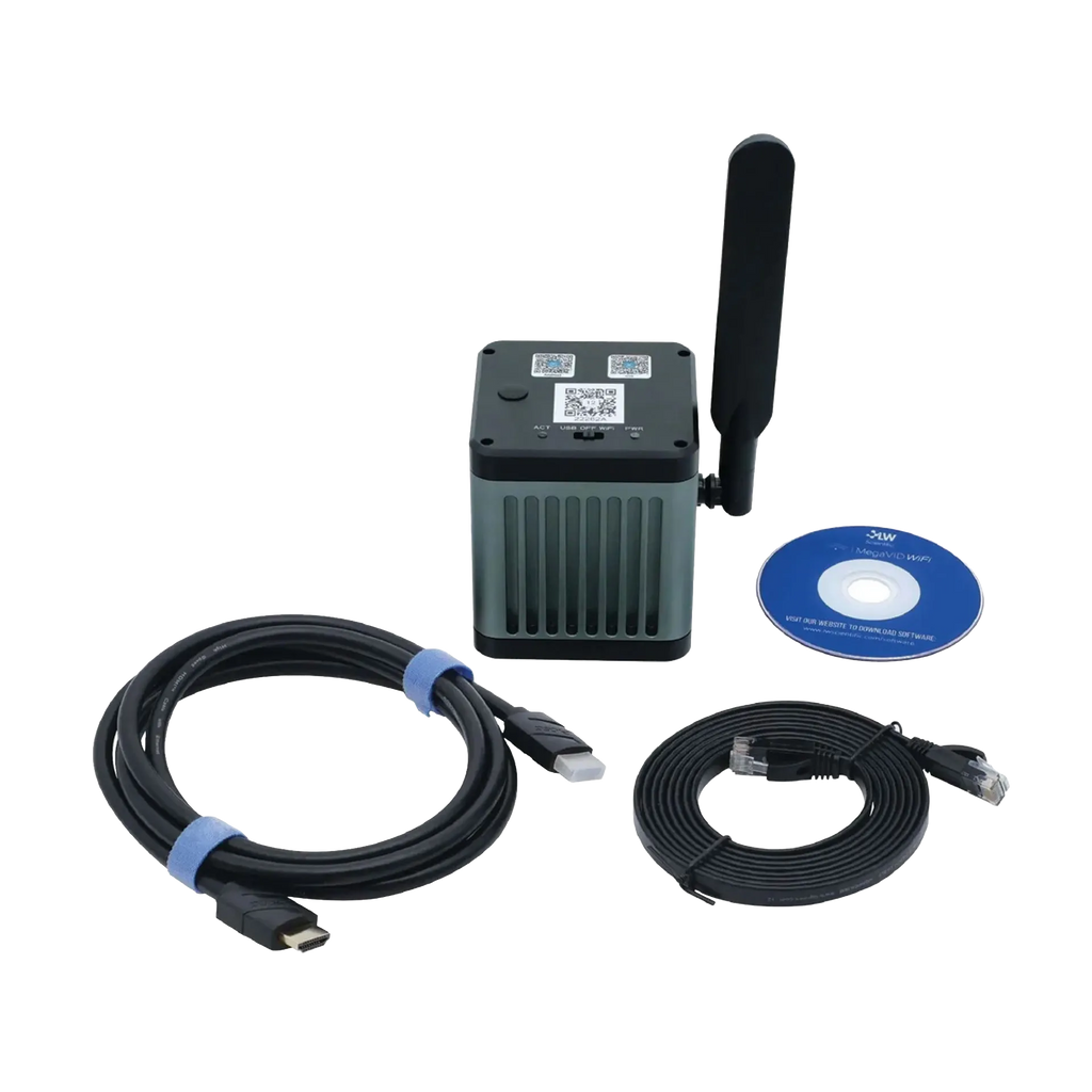 MegaVID WiFi 12MP Camera,"Camera module with antenna, cables, and software disc"