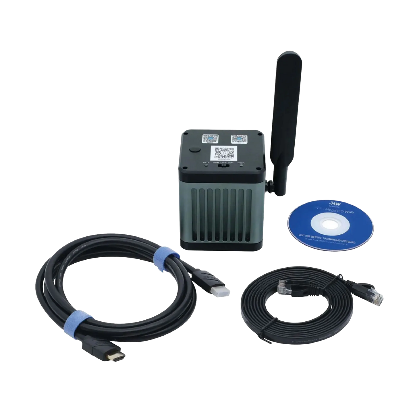 MegaVID WiFi 12MP Camera,"Camera module with antenna, cables, and software disc"