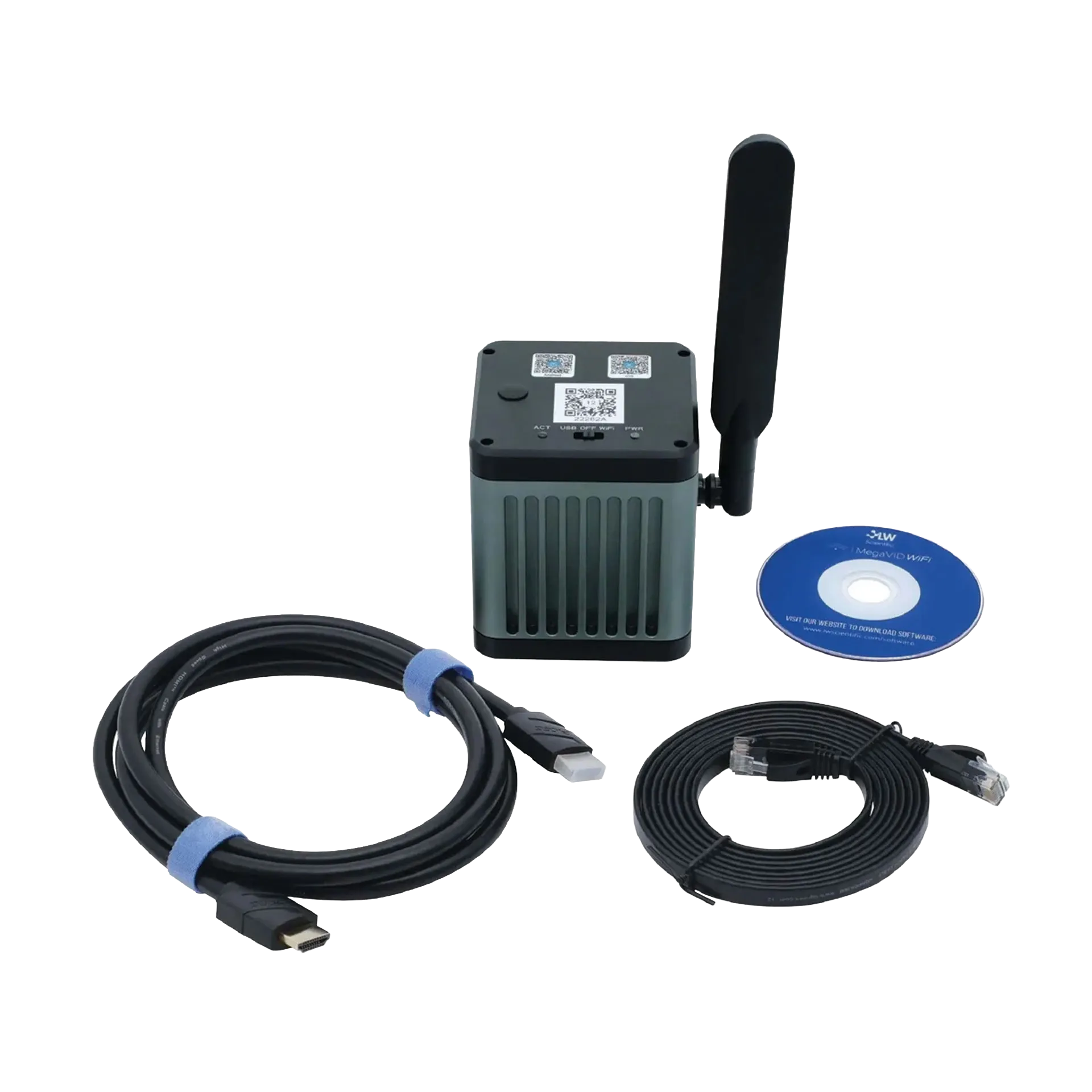 MegaVID WiFi 12MP Camera,"Camera module with antenna, cables, and software disc"