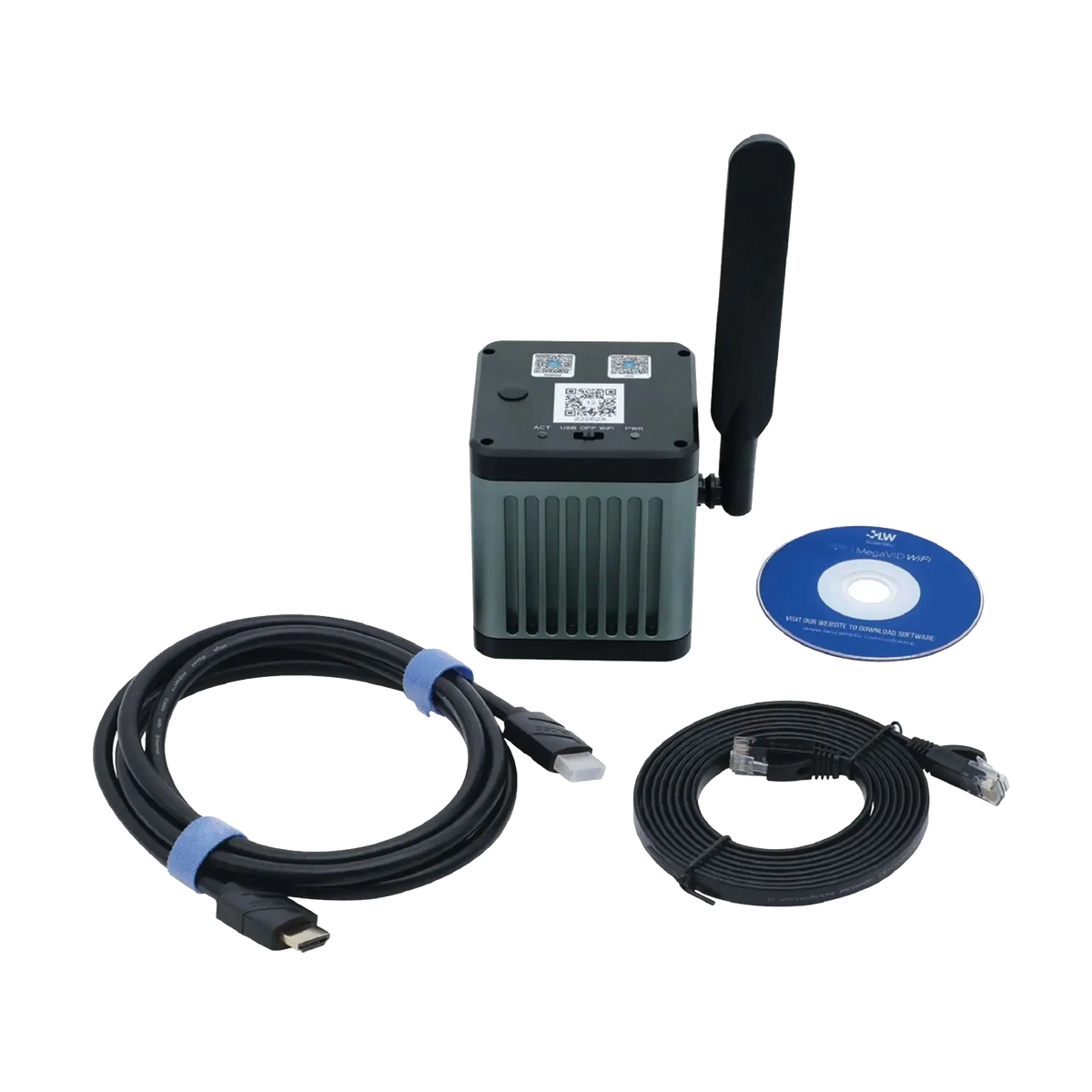 MegaVID WiFi 12MP Camera,"Camera module with antenna, cables, and software disc"