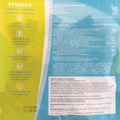 Synacore® for Dogs & Cats,"Back of supplement package with ingredient and information panels"