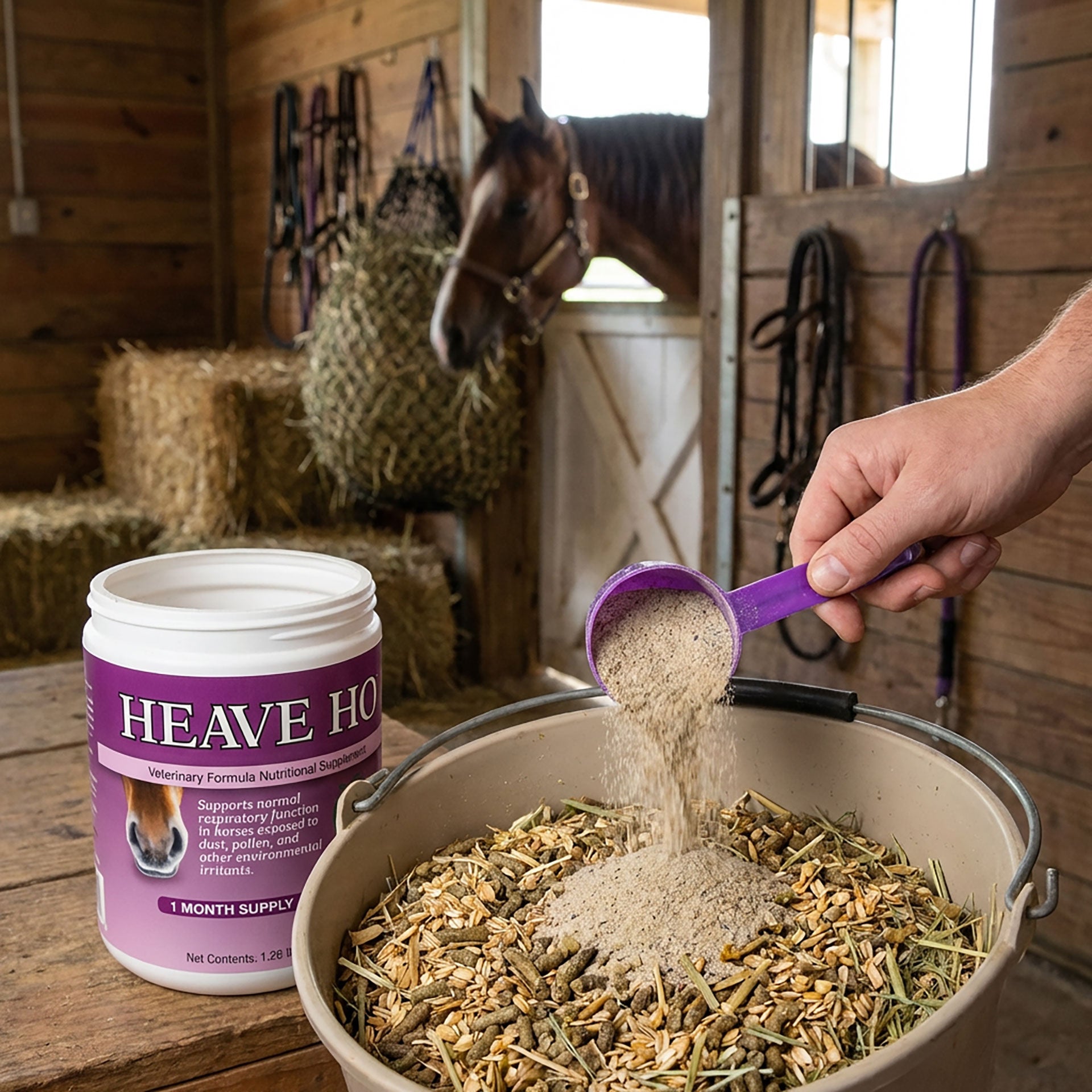 Heave Ho™,"Open supplement tub beside feed bucket with purple scoop pouring powder"