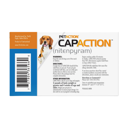 CapAction®,"Back of box with dog image and barcode"