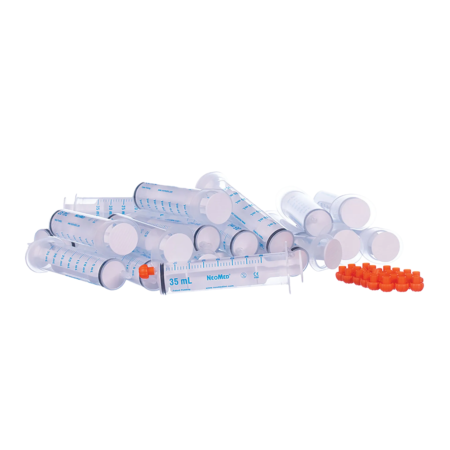 O-Ring Syringe,"Clear syringes grouped with orange caps"