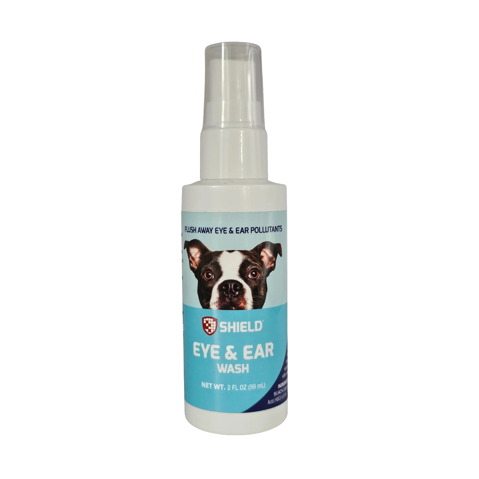 Eye & Ear Wash Spray by Shield,"White spray bottle with clear cap and dog label"