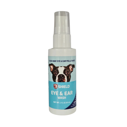 Eye & Ear Wash Spray by Shield,"White spray bottle with clear cap and dog label"