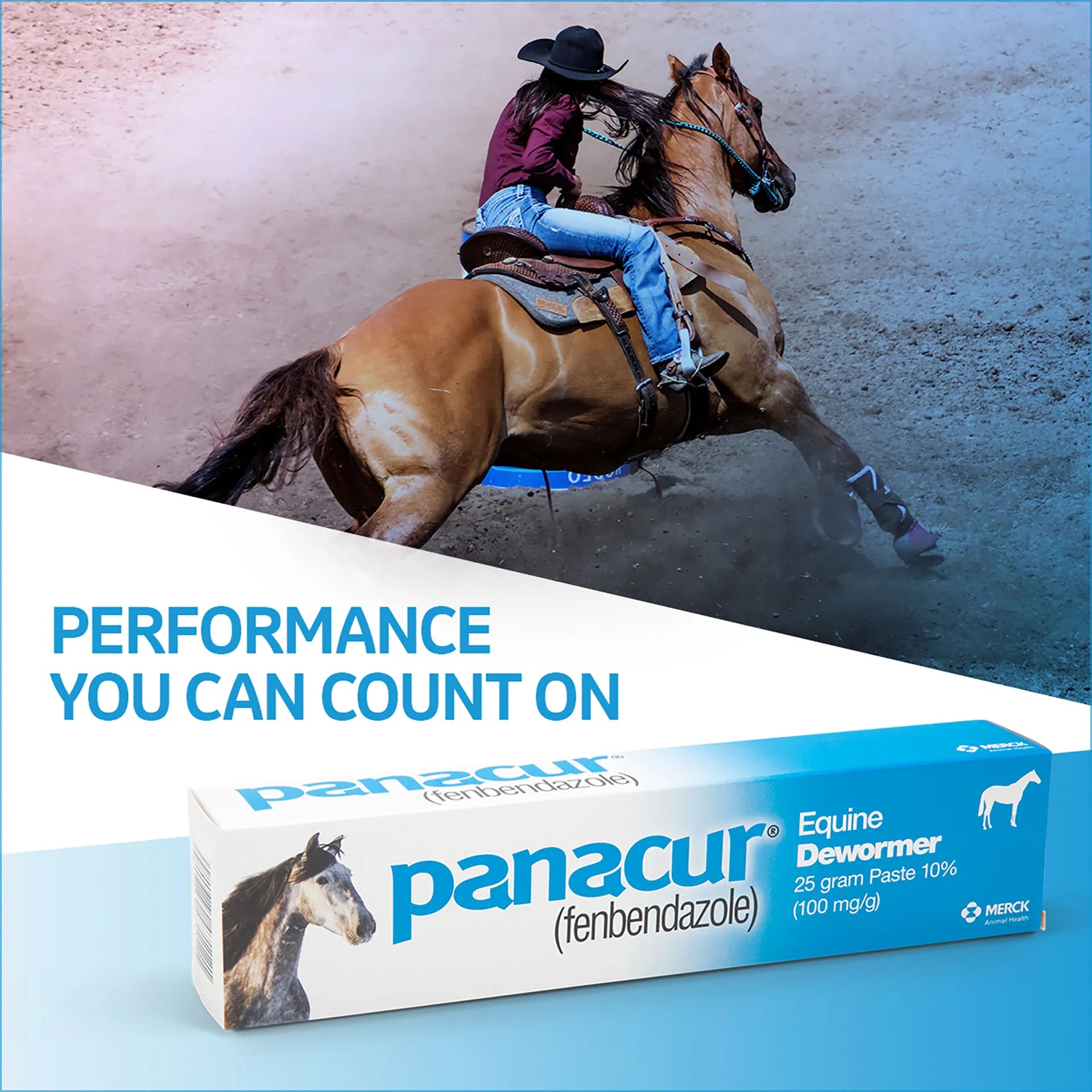 Panacur® Equine Paste Horse Dewormer,"Product box with horse photo and rider action image"