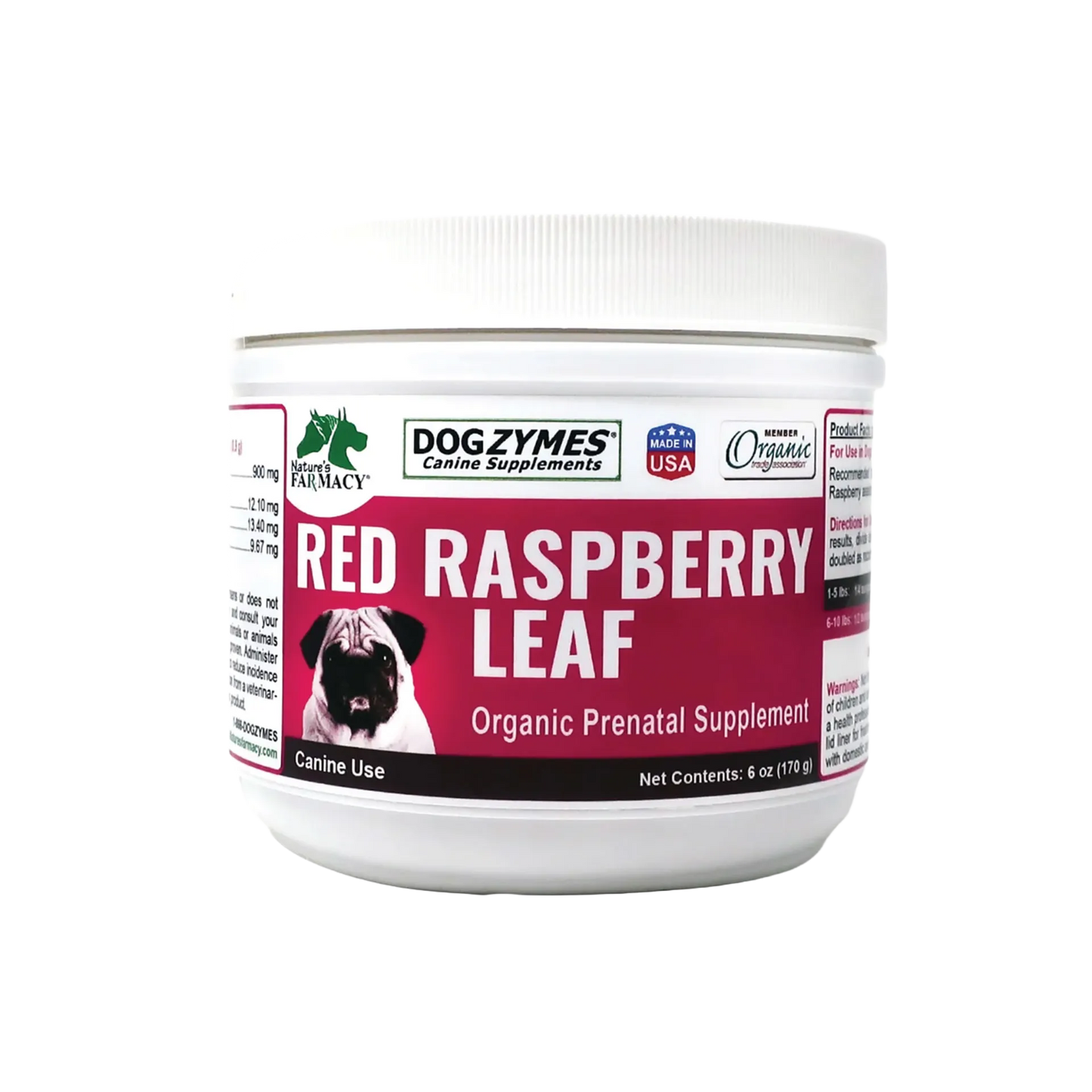 Organic Red Raspberry Leaf Powder,"White plastic supplement tub with screw-top lid, front label view"