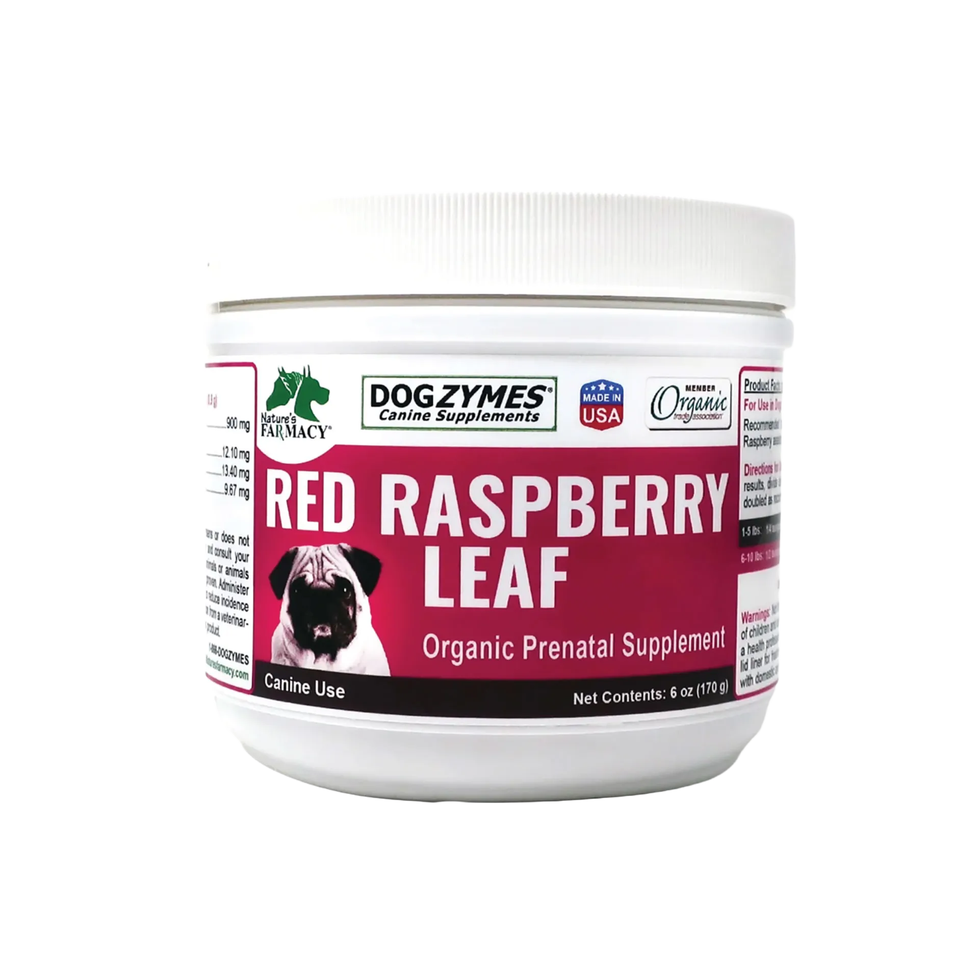 Organic Red Raspberry Leaf Powder,"White plastic supplement tub with screw-top lid, front label view"