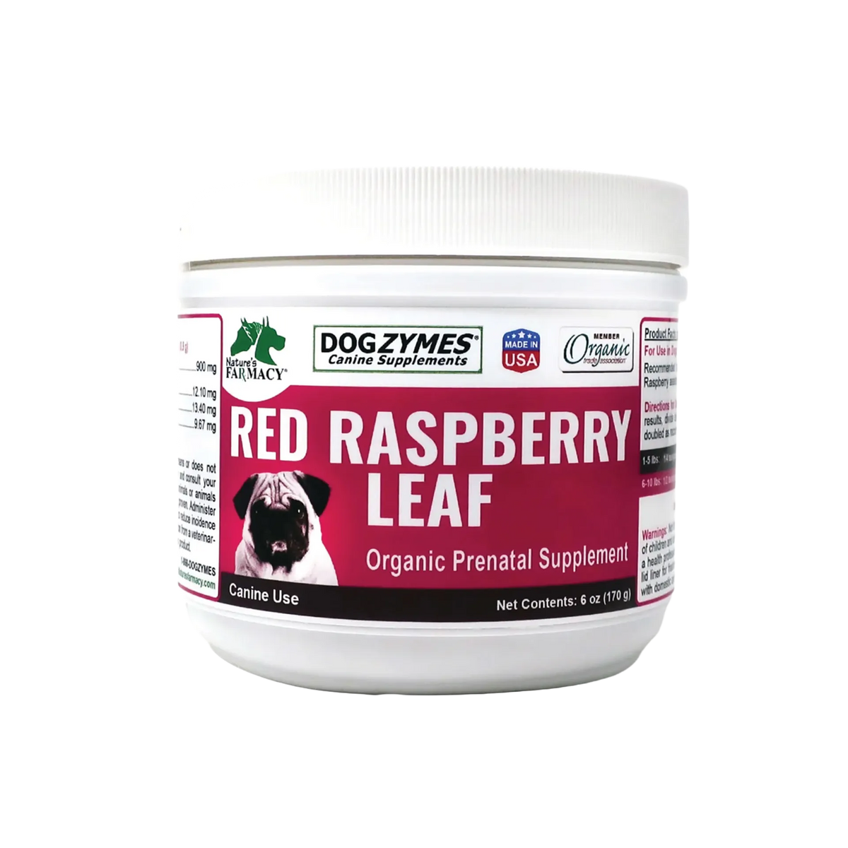 Organic Red Raspberry Leaf Powder,"White plastic supplement tub with screw-top lid, front label view"
