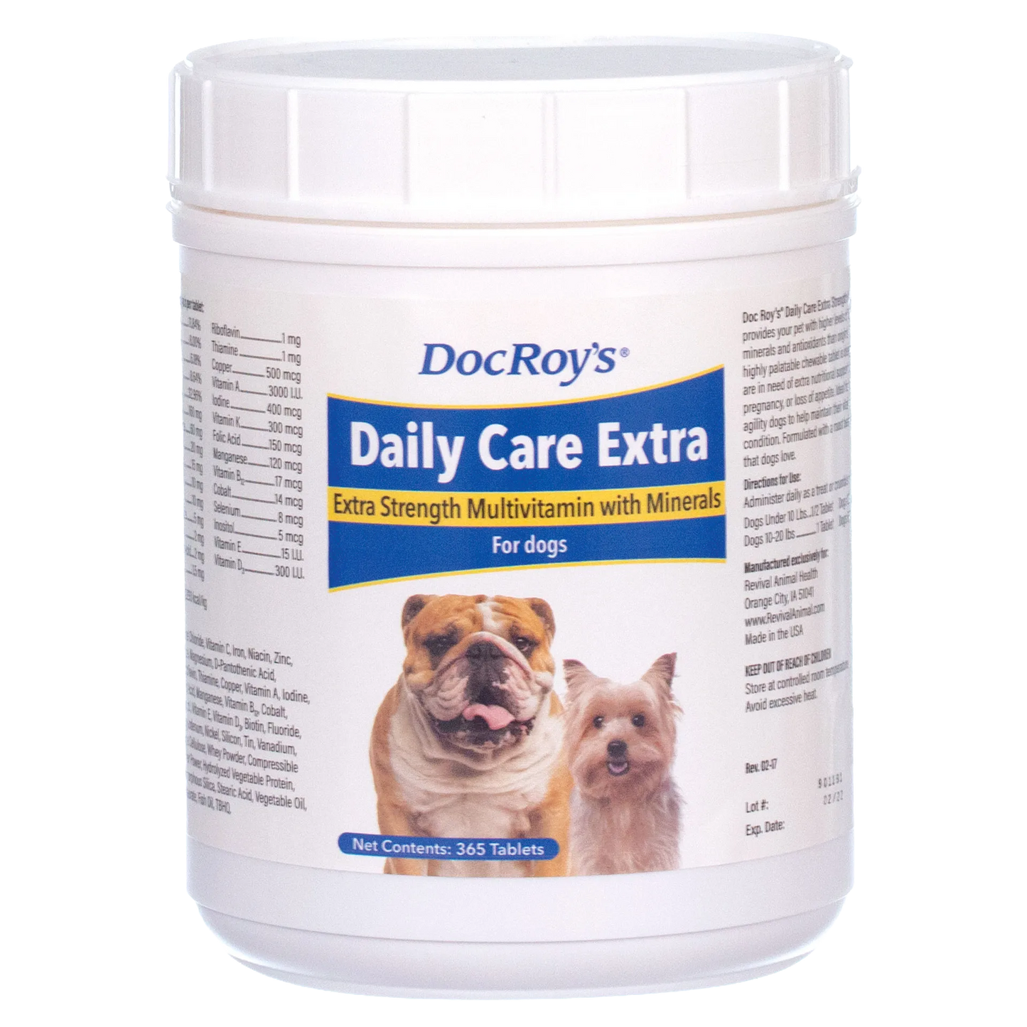 Doc Roy's® Daily Care Extra Canine,"White plastic supplement tub with screw-top lid and dog images on label"