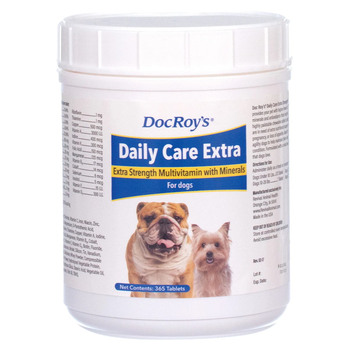 Doc Roy's® Daily Care Extra Canine,"White plastic supplement tub with screw-top lid and dog images on label"