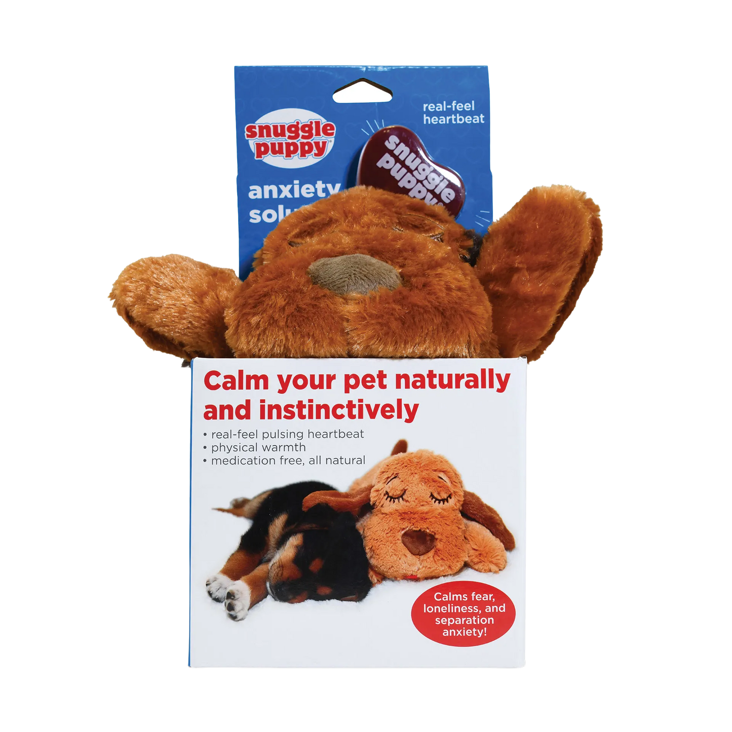 Snuggle Puppy & Kitten,"Brown plush dog peeking out of retail box"